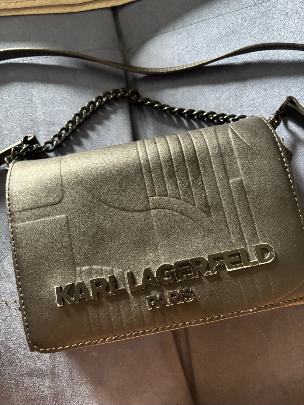 Karl Lagerfeld Metallic Olive Green Logo Chain Crossbody Bag